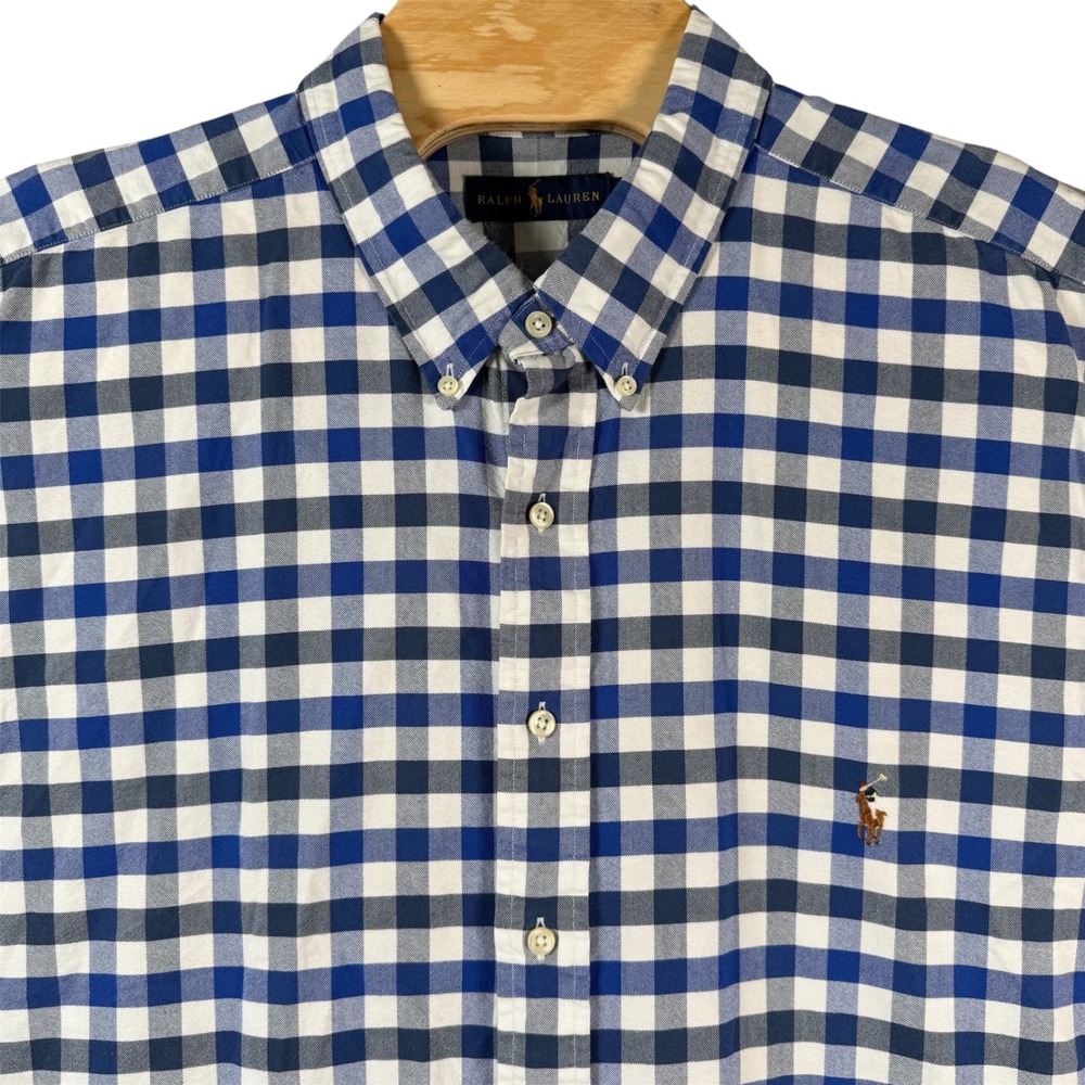 Ralph Lauren Gingham Button Down Shirt Mens 3XB Blue White Short Sleeve Big Tall